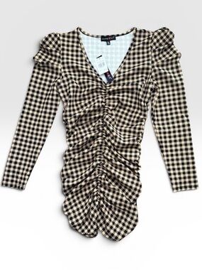 Absolutely It NWT Checkered Ruched Bodycon Mini Dress Tan Black Puff Sleeve XL